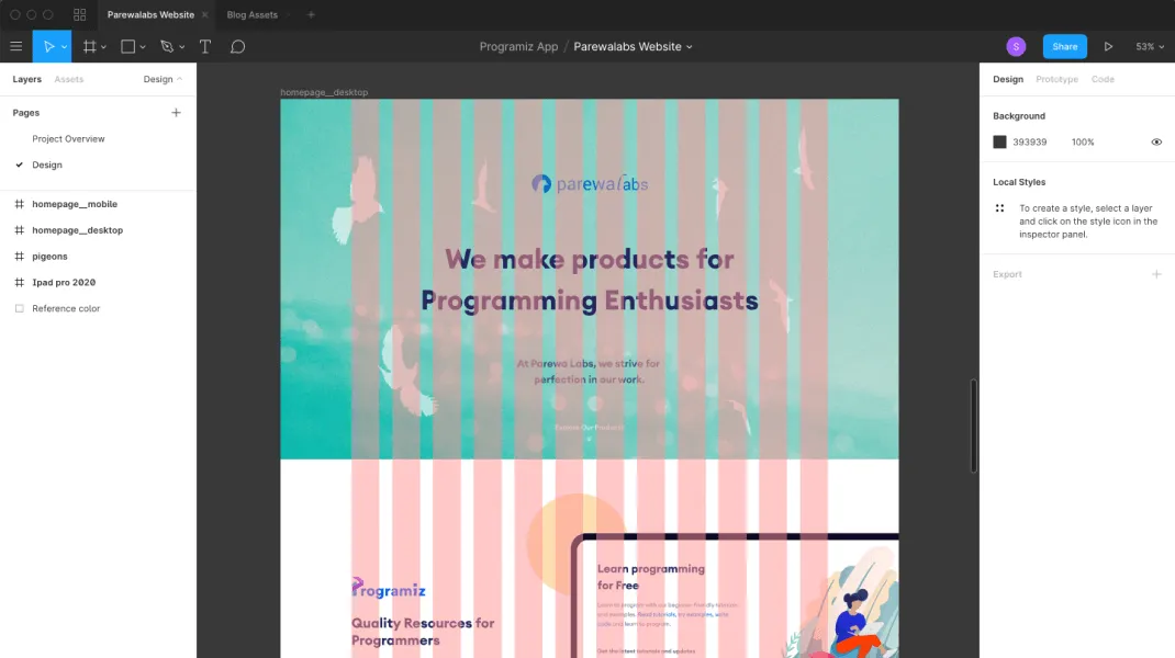 Figma workflow for creating mockups.