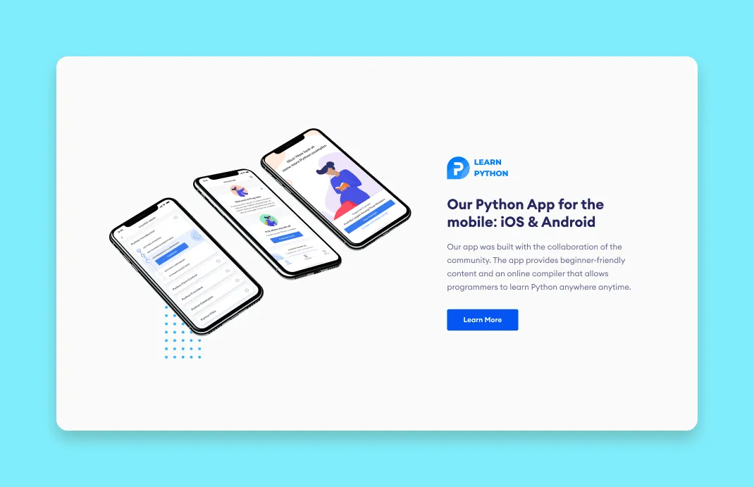 Layout for the second featured product: Learn Python app with a reverse layout.