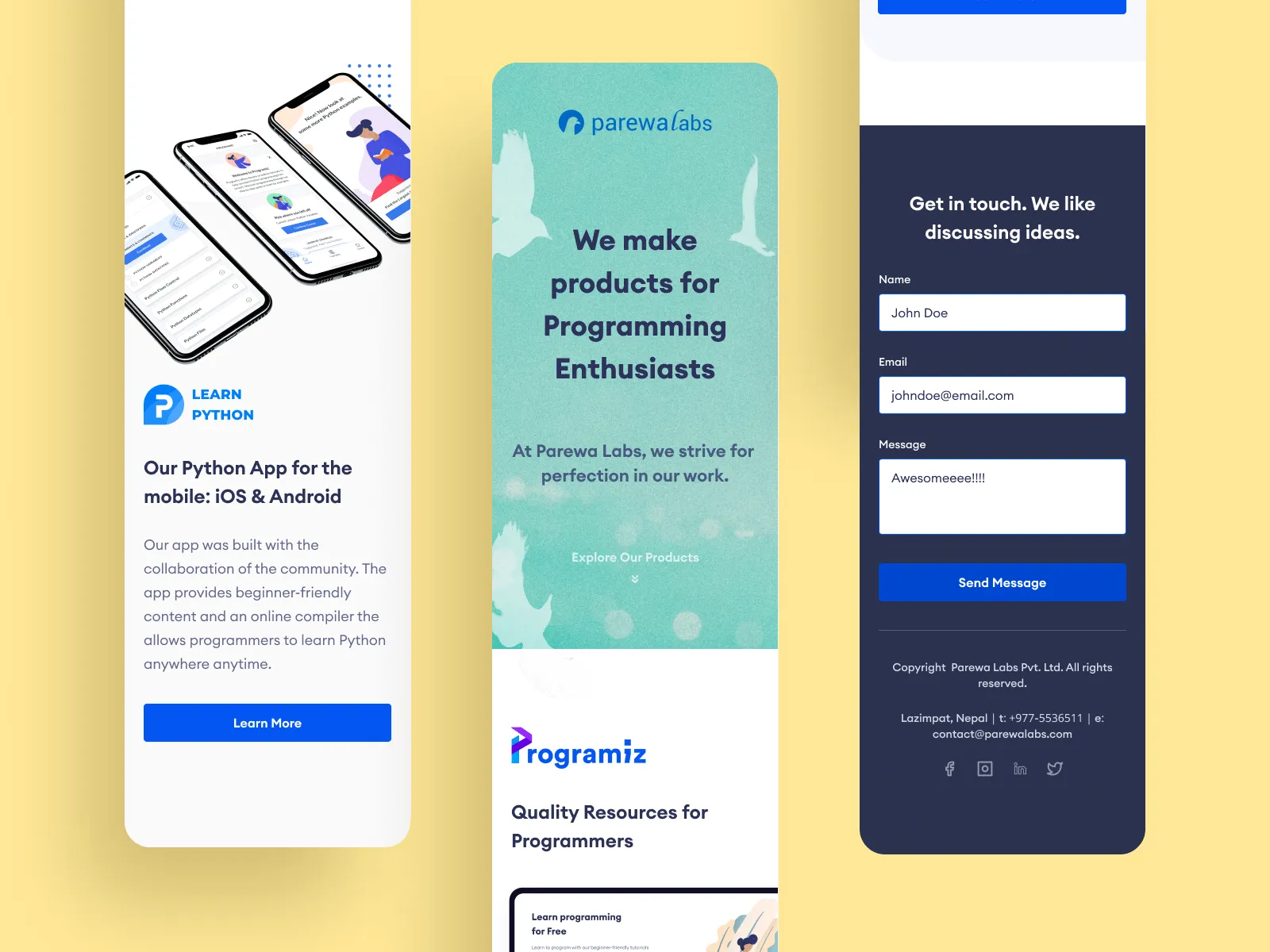 Mobile view of Parewa Labs landing showcase.