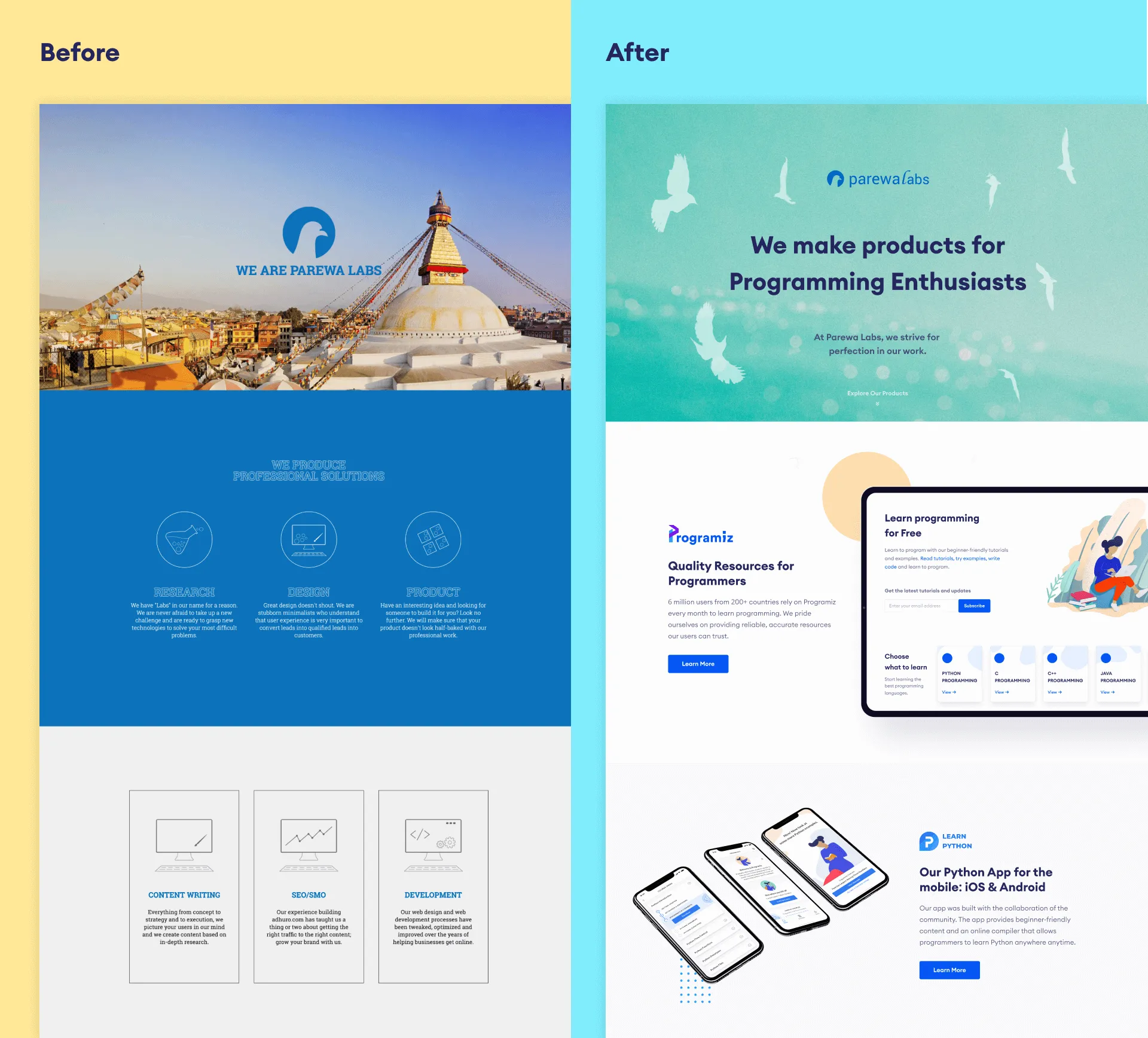 Before and after transformation of the Parewa Lab’s website.