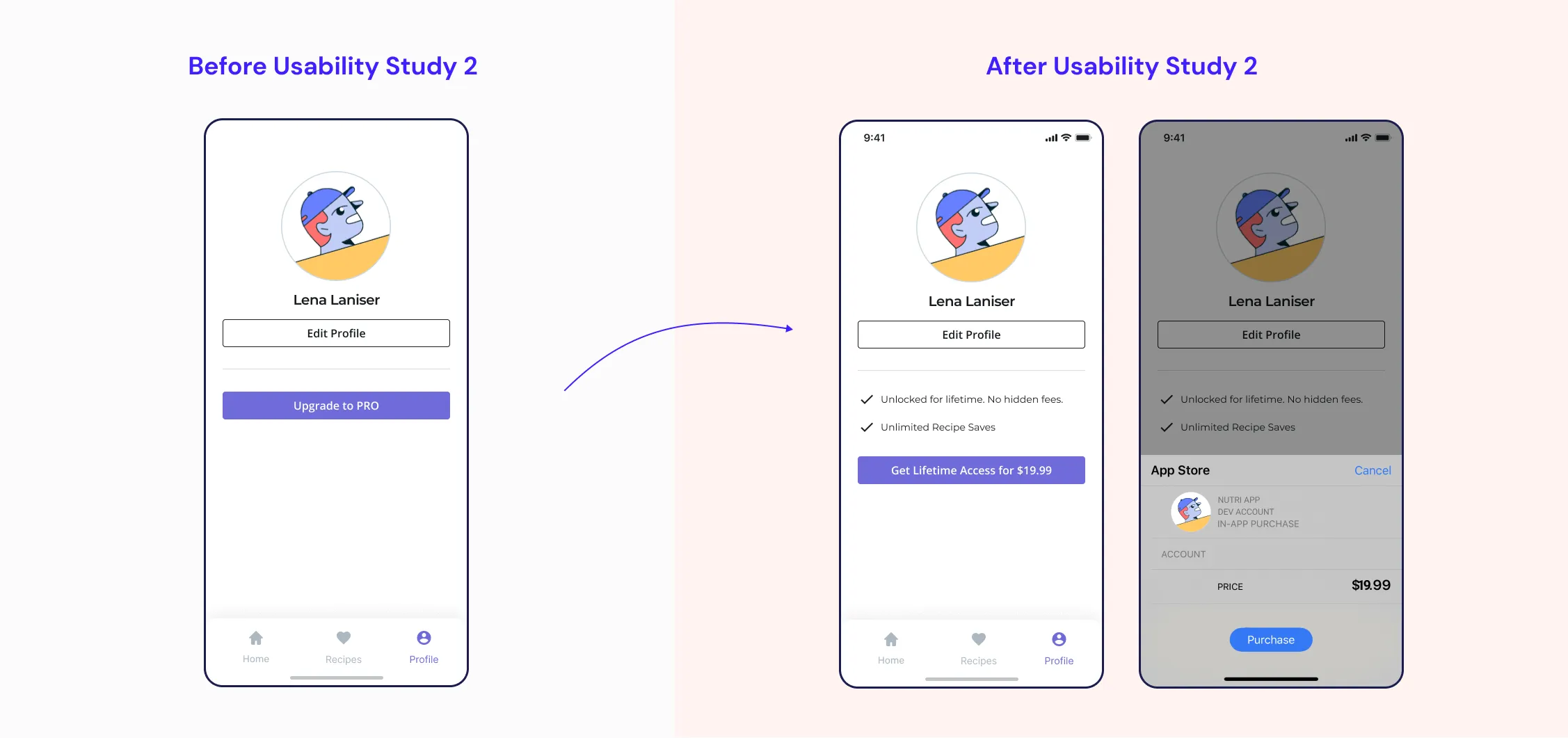 before and after changes from findings of usability study 2